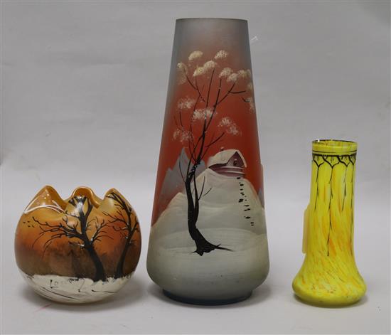Three modern hand-painted glass vases in the manner of Legras, H.27cm